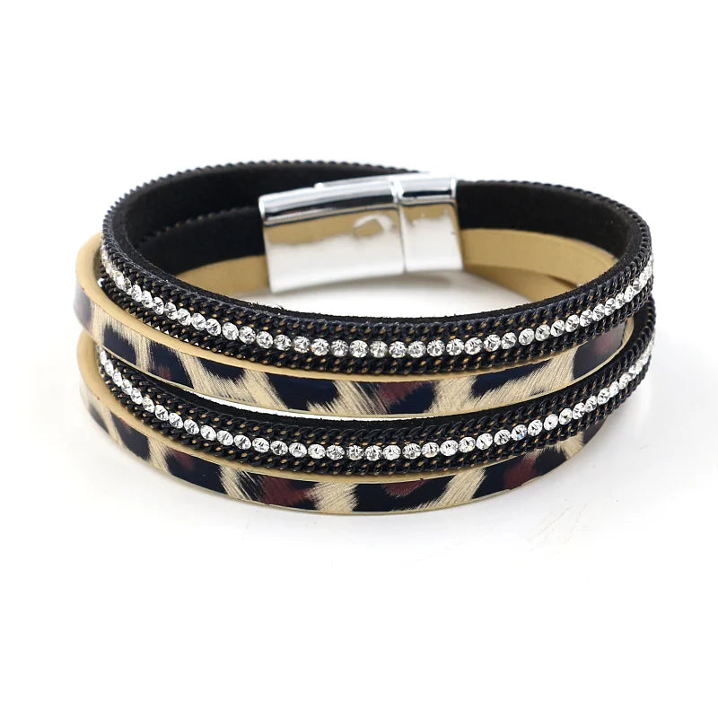 Luxury Rhinestone Leopard Multiple Imitation Leather Multi-layer Bracelets for Women