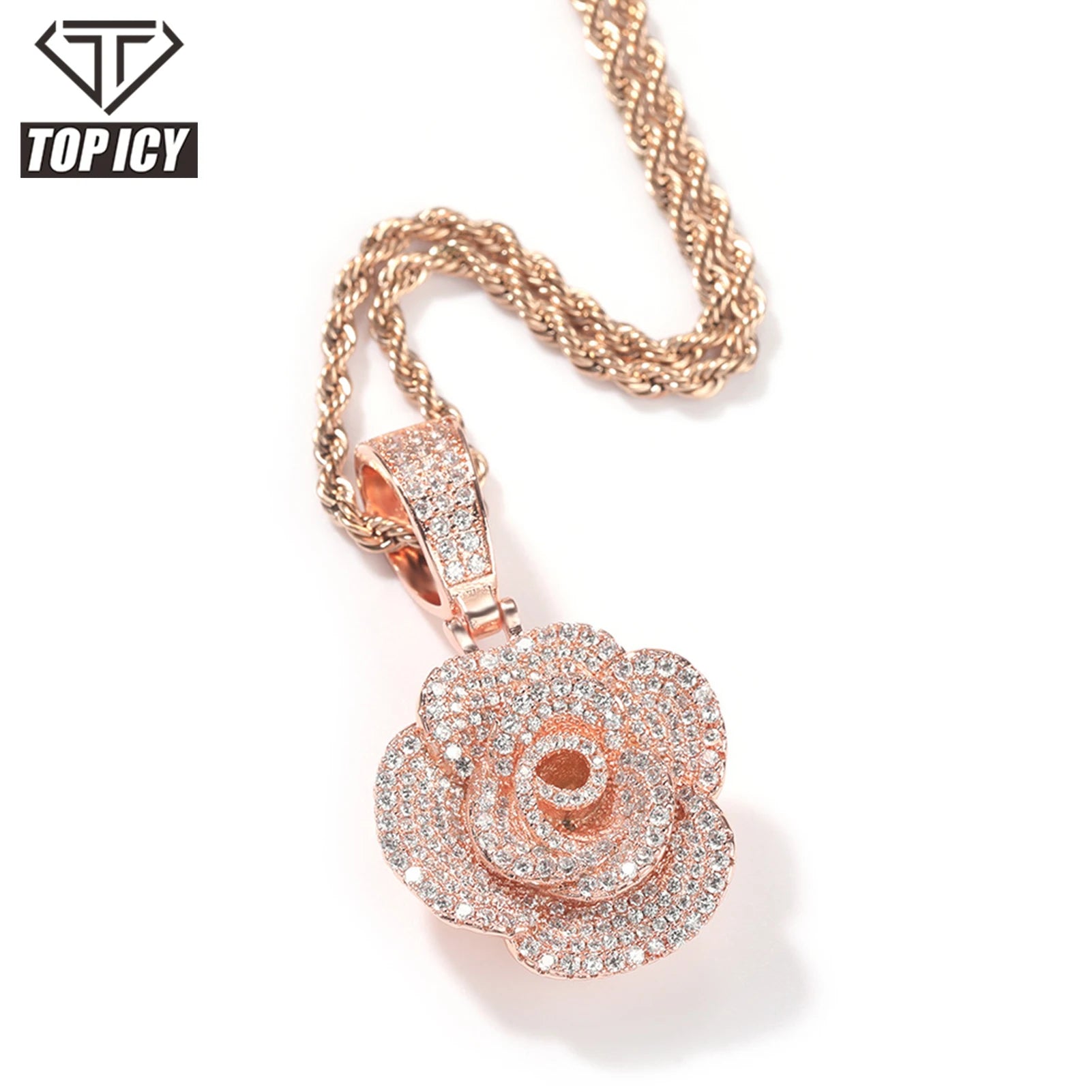 Romantic Rose Design Super Shine Iced Out Pendant Jewelry Gift Gold 3D Rose Pendant Women Fashion Jewelry