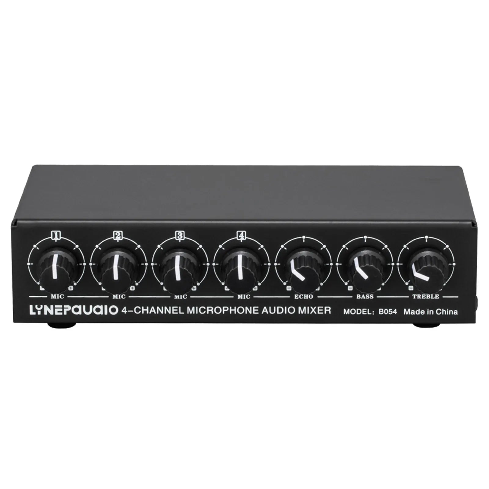 4-Channel Microphone Mixer Support Stereo Output Mini Audio Mixer with Reverb Treble and Bass Adjustment