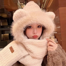 Winter Scarf Gloves Set Womens Cute Soft Plush Thick Warm Long Hooded Scarf With Mittens