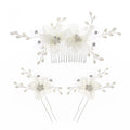 Wedding Headpieces White Gauze Flowers and Rhinestone Pearl Bridal Hair Comb Hair Pin Sets