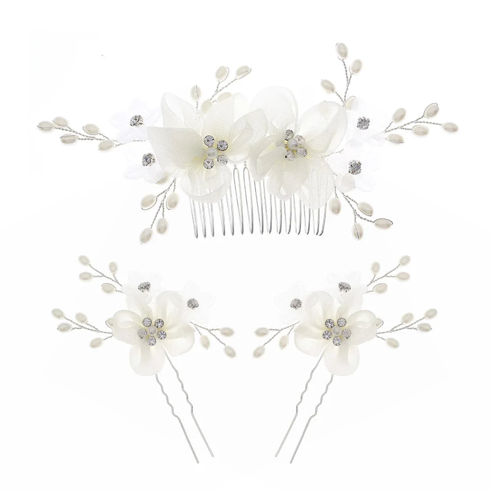 Wedding Headpieces White Gauze Flowers and Rhinestone Pearl Bridal Hair Comb Hair Pin Sets