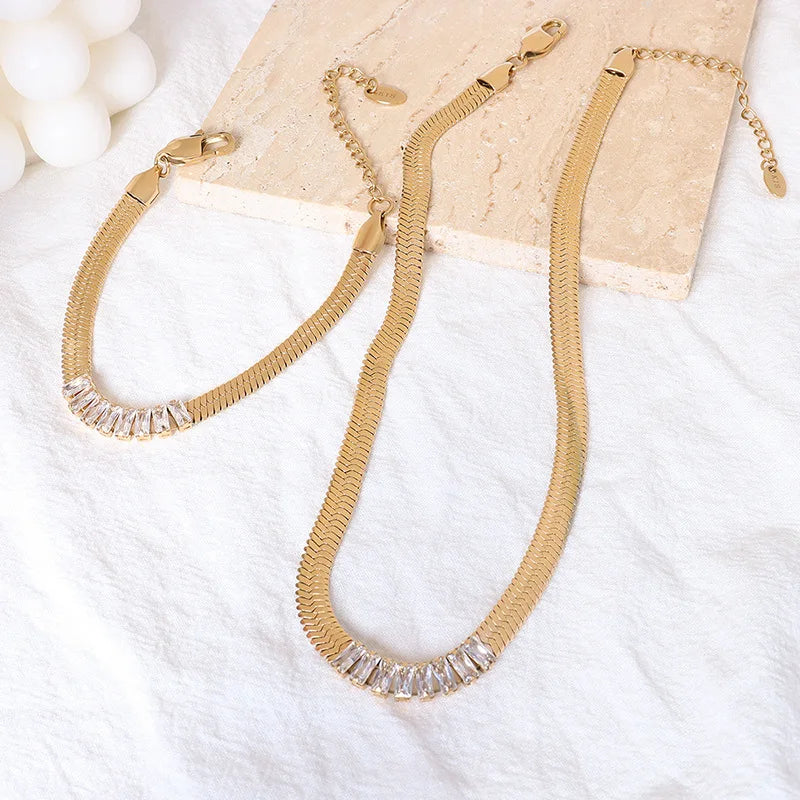 French Choker Style Blade Chain square Zircon Diamond Necklace Bracelet Stainless Steel Plated 18 Real Gold Jewelry