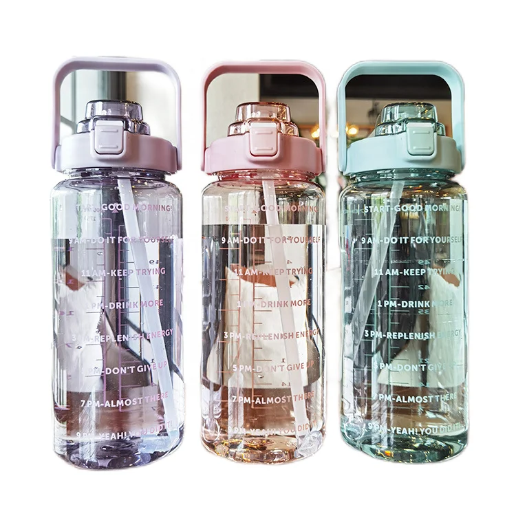 Madou 2L BPA-Free Motivational Plastic Water Jug Gym Fitness Gallon Water Bottle with Time Marker Straw for Travel