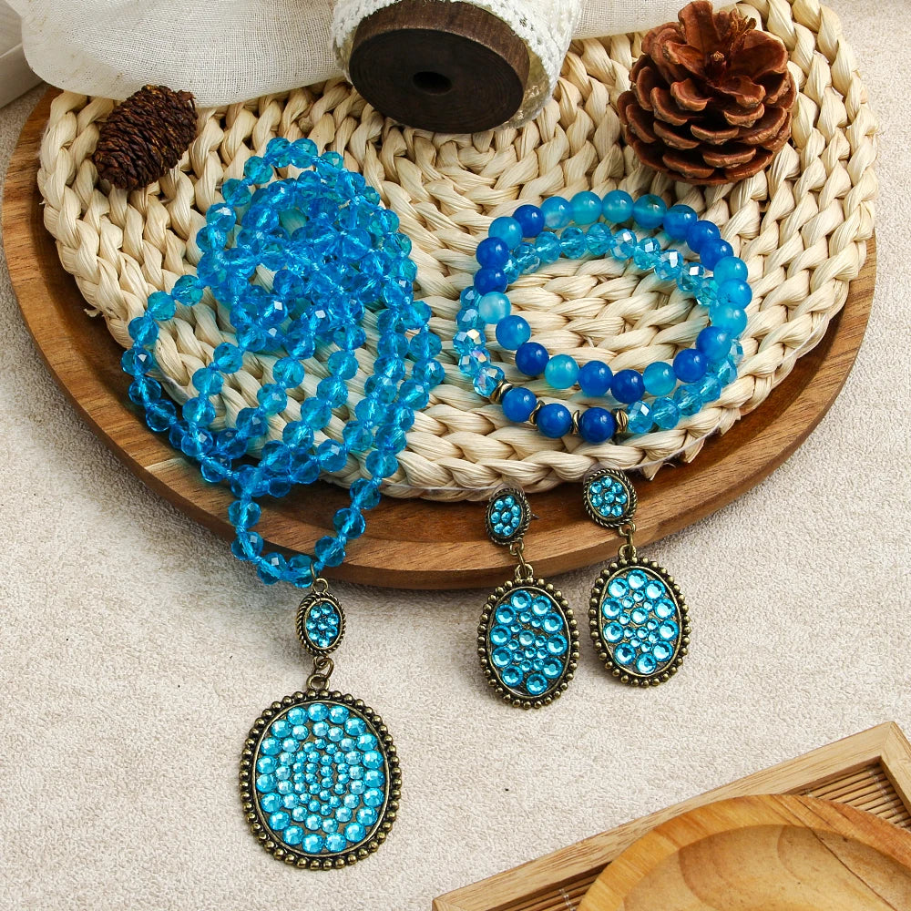 Bohemian Women Jewelry Set Elastic Bead Bracelet 8mm Shiny Crystal Glass Oval Rhinestone Pendant Necklace Bracelet Earring Set