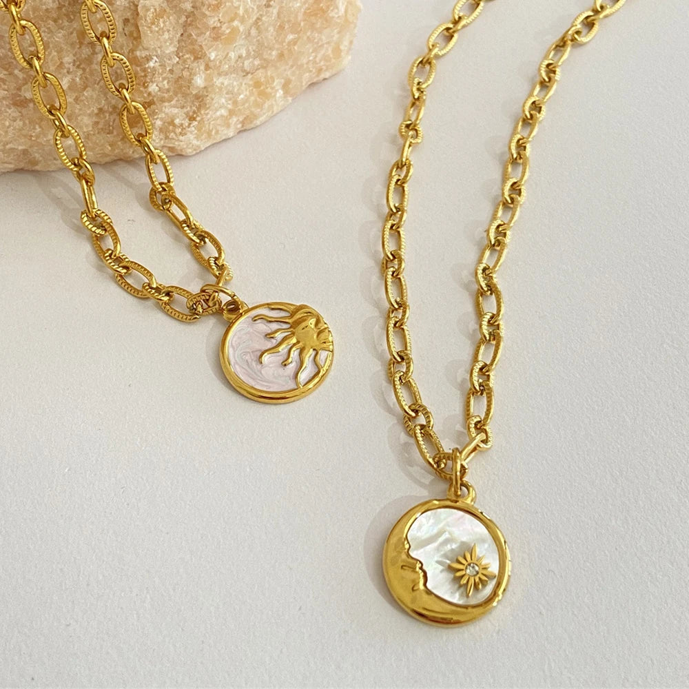 Fashion Trendy Women's Stainless Steel Sun Moon Stars Coin Pendant Necklace Waterproof Non Tarnish 18K Gold Plated Jewelry Gift