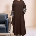 LM085 Muslim Ramadan Prayer Linen-textured Robe with Embroidered Floral Ethnic Patterns Belt and Back Zipper for Daily Dress MegaBDM