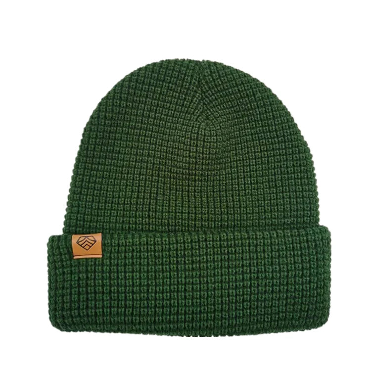 New Products Custom Leather Patch Checked Waffle Knit Beanie Hats