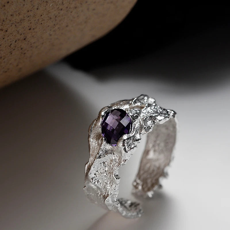 Fashion Jewellery 925 Sterling Silver Hip Hop Irregular Purple Gemstone CZ 925 Sterling Silver Adjustable Ring