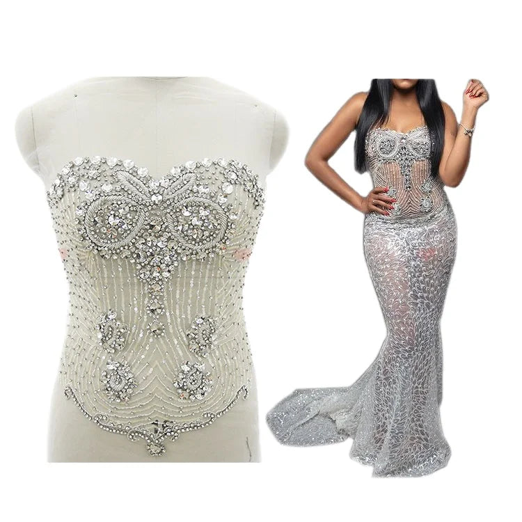 Colorful Sparkly Rhinestone and Beaded Owl Shape Body Applique Panel for Gown WPH-1728