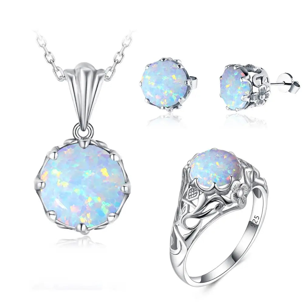 Real 925 Sterling Silver Jewelry Set Bridal Undefined Sparkling Fire Opal Flower Pendant Earrings Ring Set Fine Jewelry