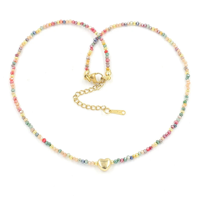 Sweet Cool Style Exquisite Mini Colorful Crystal Beaded Necklace Collar Chain Gold Love Necklace for Women