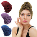 Wholesale Custom Hair Accessories Shinny Flower Turban Polyester Solid Color Muslim Pre-tied Ruffle Turbans Headwrap