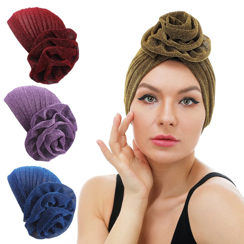 Wholesale Custom Hair Accessories Shinny Flower Turban Polyester Solid Color Muslim Pre-tied Ruffle Turbans Headwrap