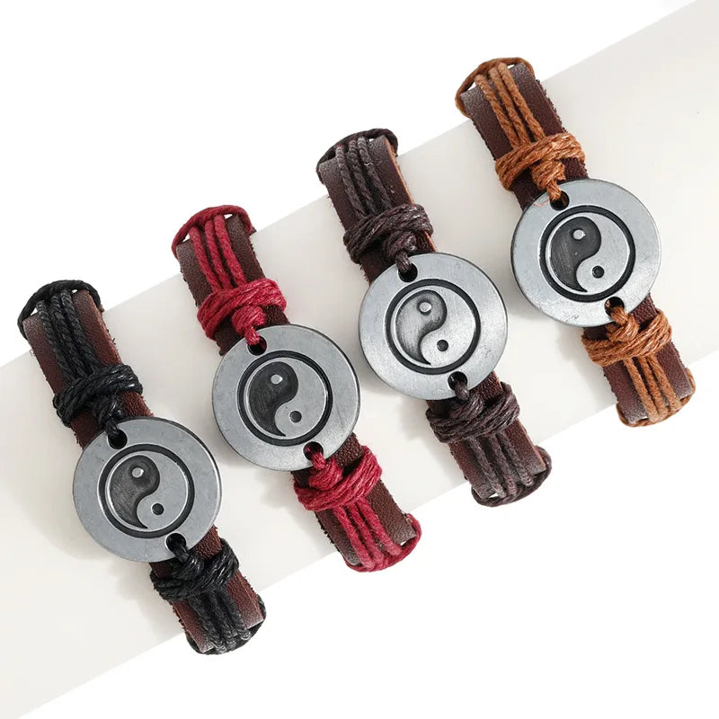Wholesale Vintage Leather Bracelet with Taiji Eight Trigrams Pattern Braided Charm Bracelets for Gift Chinese Tai Chi Jewelry