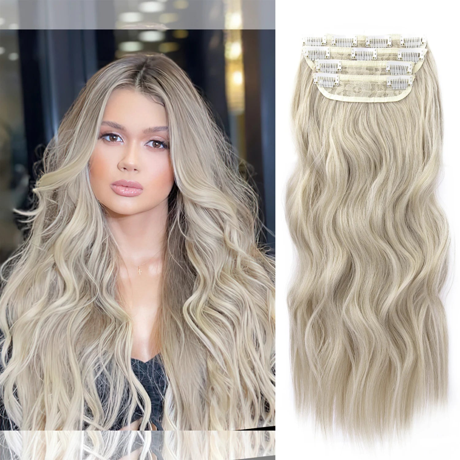 New Arrival 20inches Heat Resistant Fiber Synthetic Clip in Hair Extensions Natural Black Long Wavy Hairpieces for Women