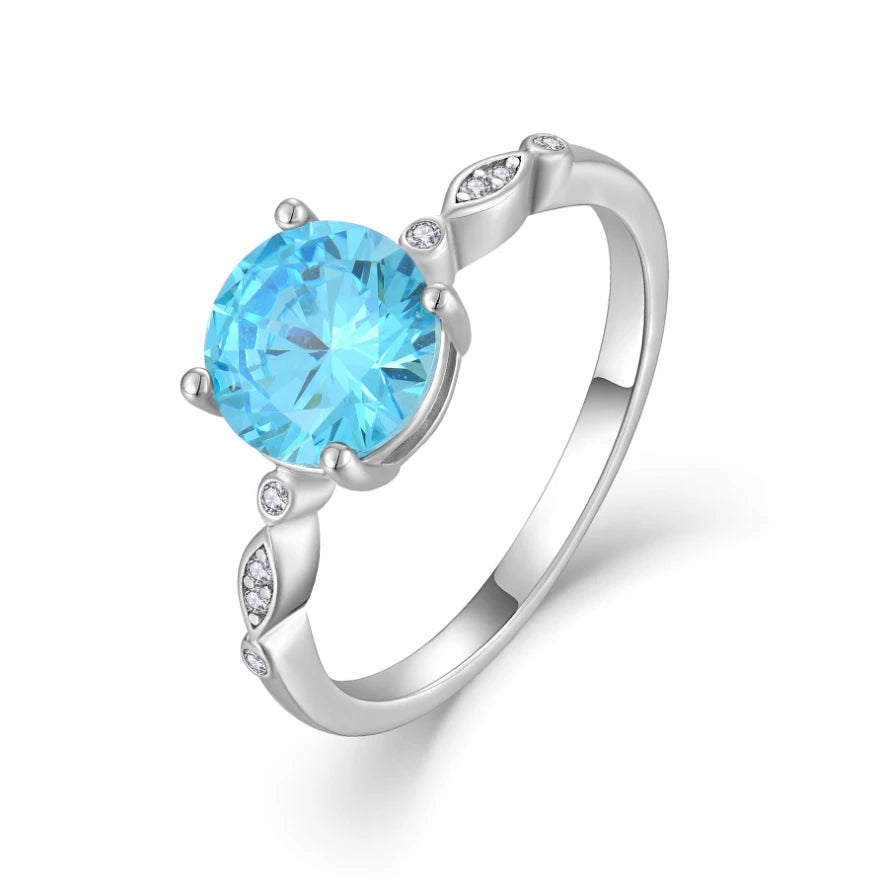 YILUN 925 Sterling Silver Round Blue Cubic Zirconia Promise Ring for Women