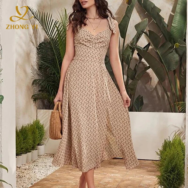 Wholesale Custom Summer Women Polyester Vintage Split Pleated Sleeveless Shoulder Lace up a Line Floral Midi Casual Dresses
