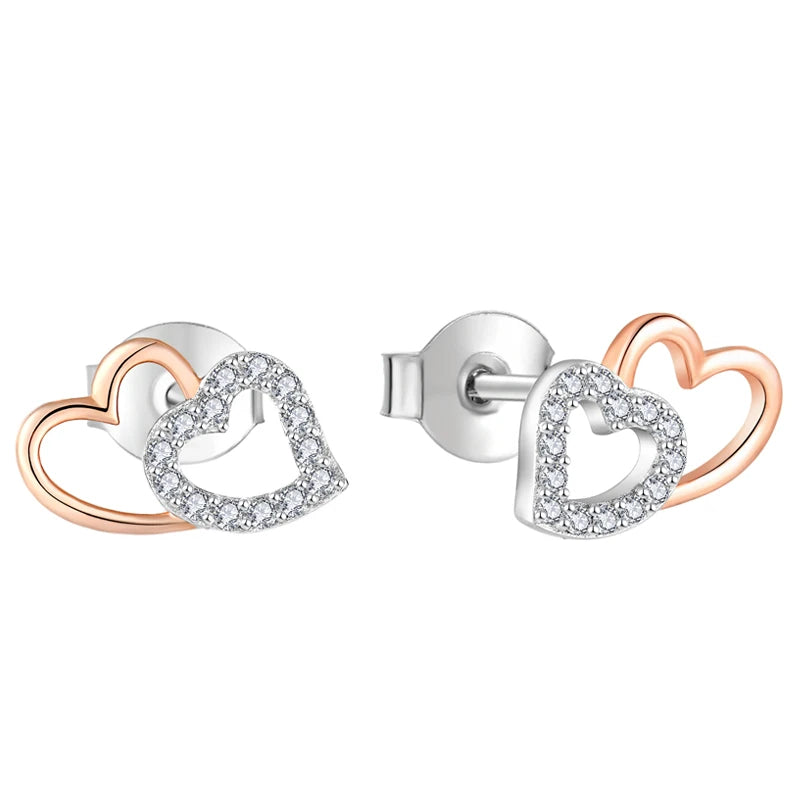Romantic Heart Stud Earrings Rhodium Plated & Rose Gold Statement Women 925 Sterling Silver Earrings for Valentine's Day Gift