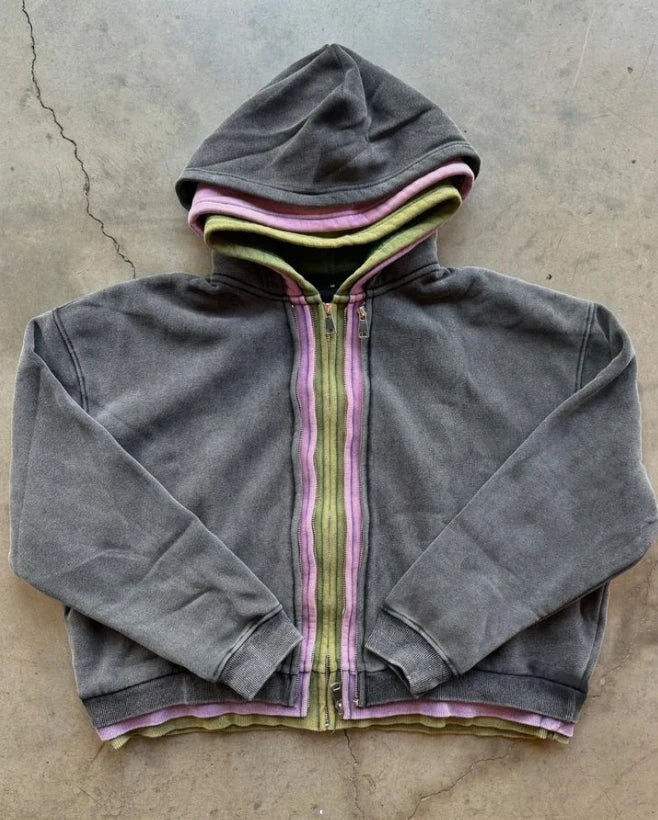 OEM Streetwear Sun Fade Double Layer Heavyweight Oversized Hoodie No String Zip up Hoodie Vintage Acid Wash Mens Hoodie
