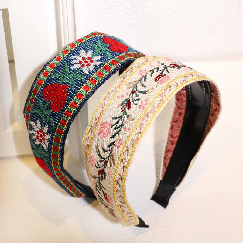 ShangHai Bohemian Headband with Embroidered Flowers Retro Ethnic Style Toothed Anti slip Girl Headband