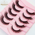 Abestyou Natural 3D Cat Eye Wispy Faux Mink False Eyelashes Fox Eye Winged Handmade Black Cotton Band 12-23mm 5 Pairs/Pack MegaBDM