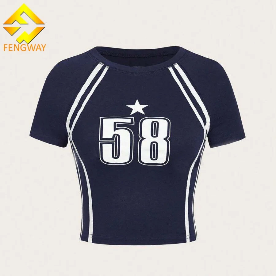 2025 Hot Jersey T-shirt Ladies V-Neck Loose Slimming Basic Crop Top Quick-Drying Street Style Hottie Print Oversize Letter Short
