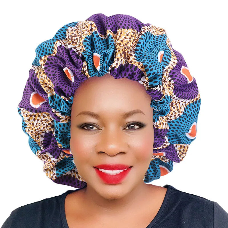 African Popular New Large Print Fabric Double Satin Lining Stretch Wide Brimmed Headscarf Hat Women Sleep Cap for Curly Hair