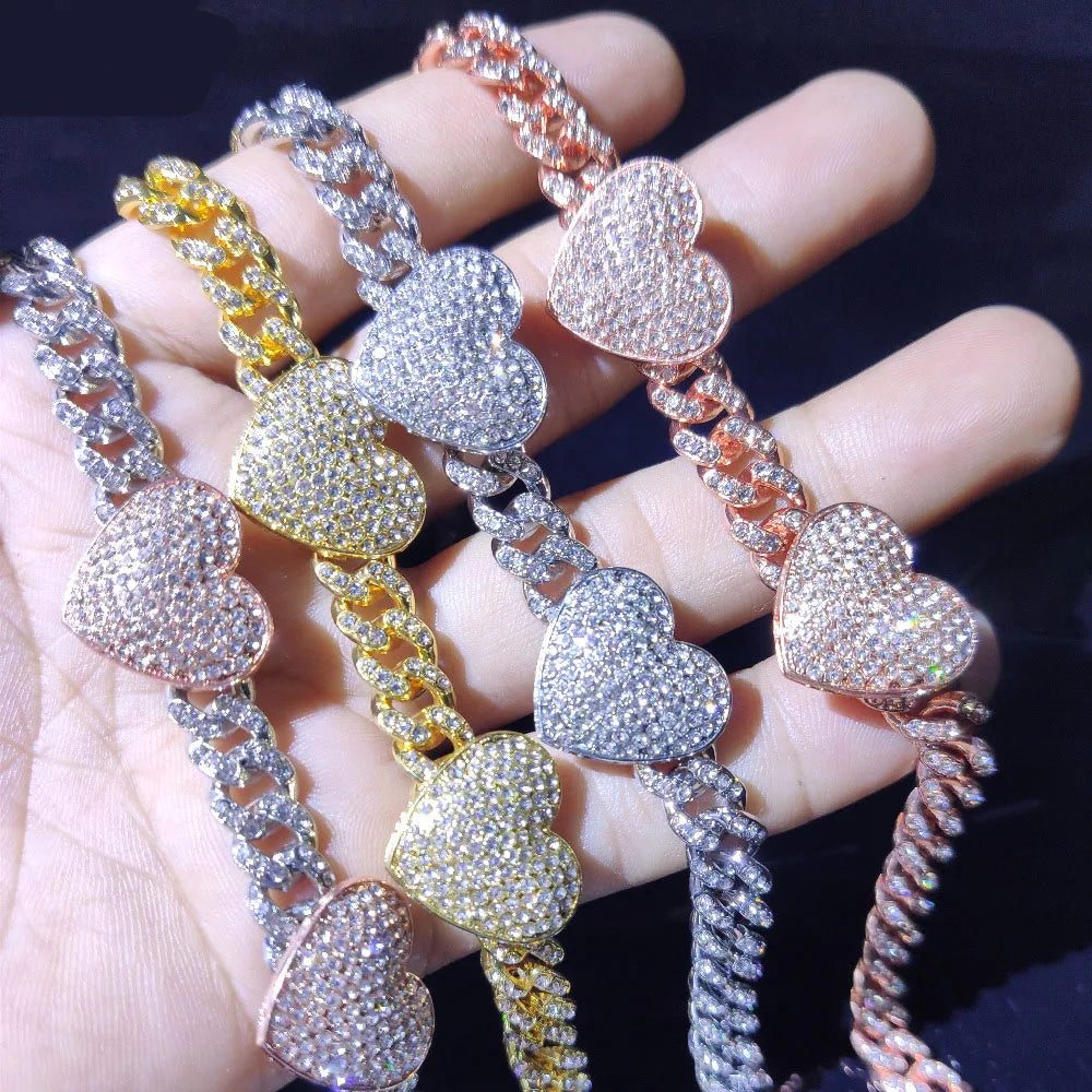 Hip Hop 8mm Iced Out Jewelry Diamond Cuban Link Cubic Zirconia Double Heart Charm Anklet Chain