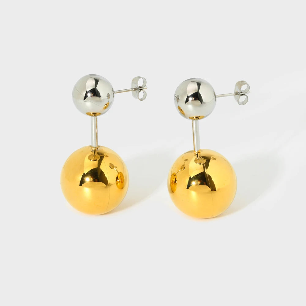 INS Trendy 18K Gold Plated Unisex Stainless Steel Statement Earrings Double Ball Stud Tarnish-Free Feature Anniversary