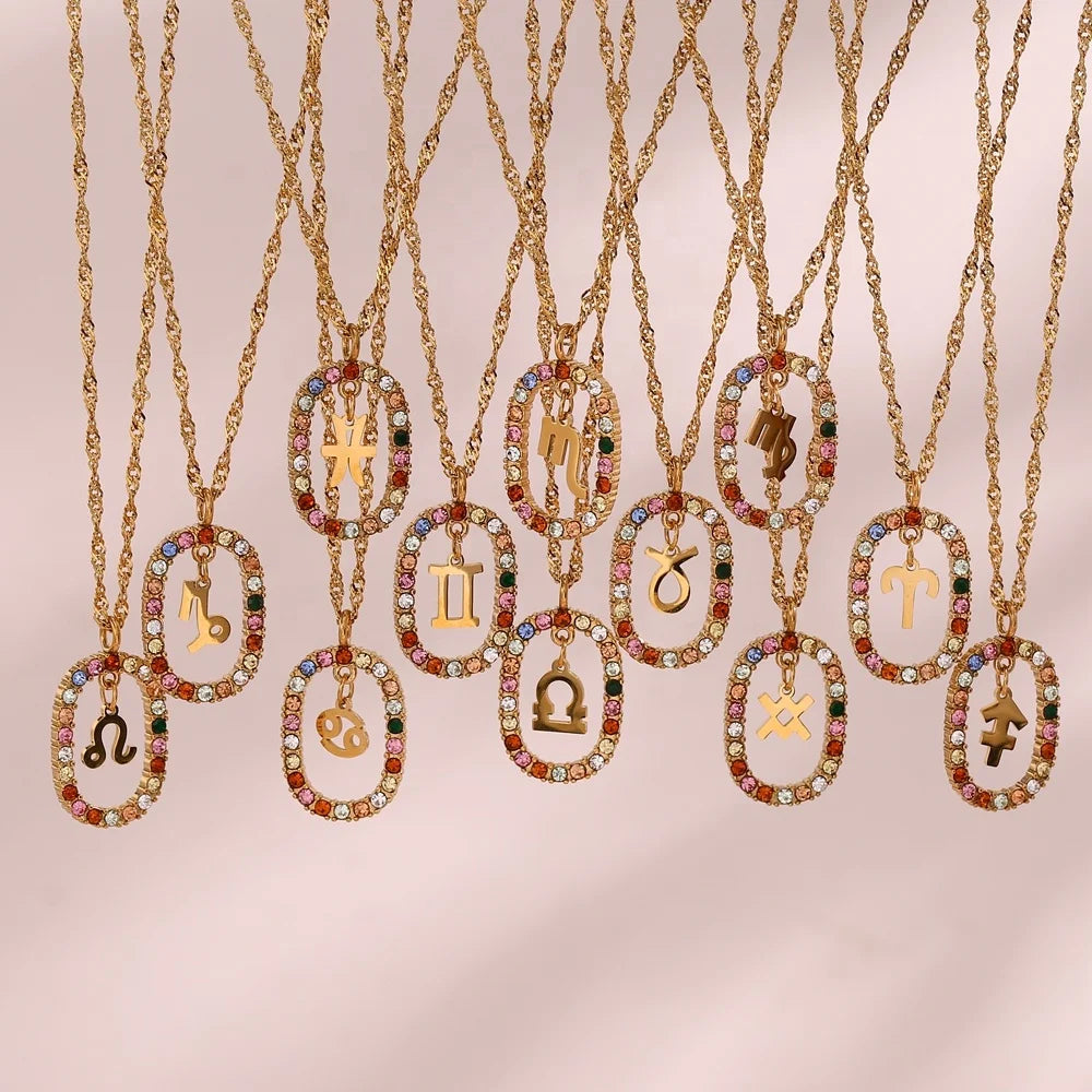 Dreamshow Colorful Shining Zircon Zodiac Necklace Hollow Out Oval 18K Gold Plated Stainless Steel Necklace