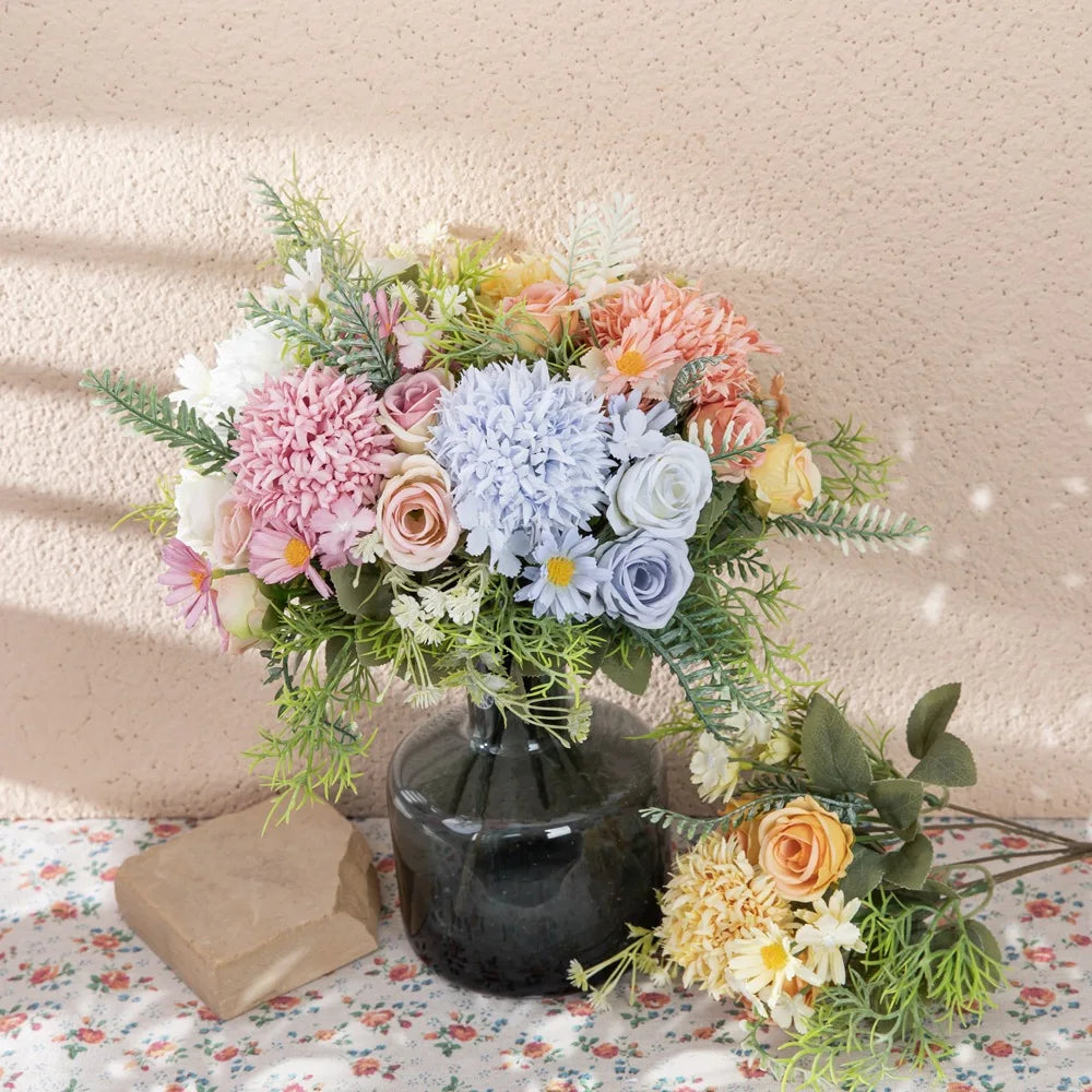 Handmade Environment-Friendly Flower Bouquet Wedding Bridal New Year Tabletop Home Decor Artificial Silk Rose Bouquet