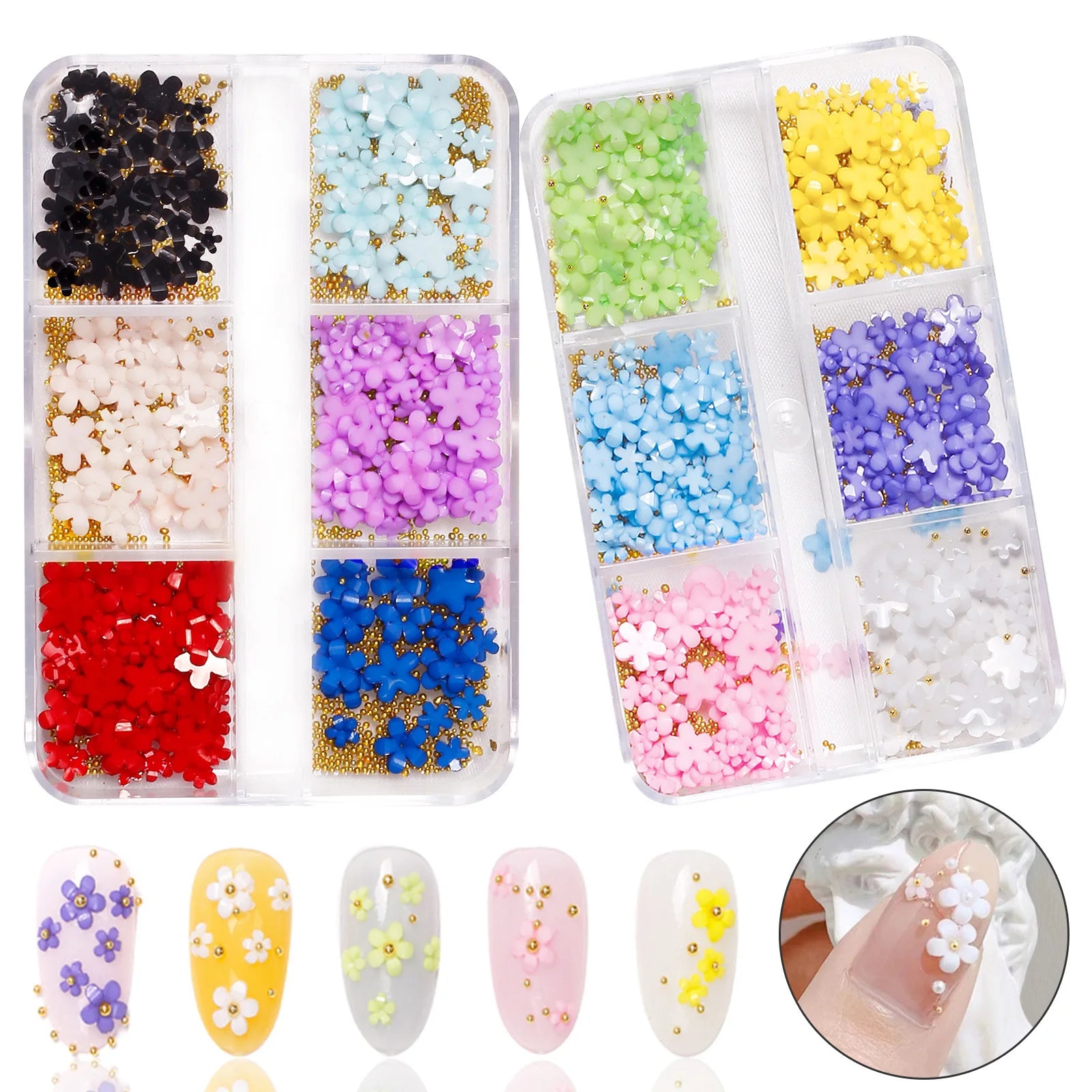 BIN 6 Girds Nail Gold Metal Beads Colorful Flower Charm Nail Art Decoration 3D Nail Jewelry Accessories