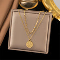 New Arrival Stainless Steel 18k Gold Plated Trendy Double Layered Figure Round Pendant Necklace for Women