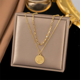 New Arrival Stainless Steel 18k Gold Plated Trendy Double Layered Figure Round Pendant Necklace for Women
