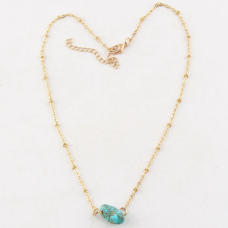 Jewelry Women Thin Chain Bohemian Irregular Natural Stone Amazonium Choker Necklace