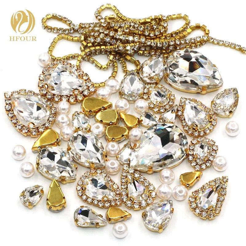 HFOUR Hot Sale White Color Mixed Pearl Cup Chain 3D Flatback Rhinestones for DIY Sew-on Loose Glass