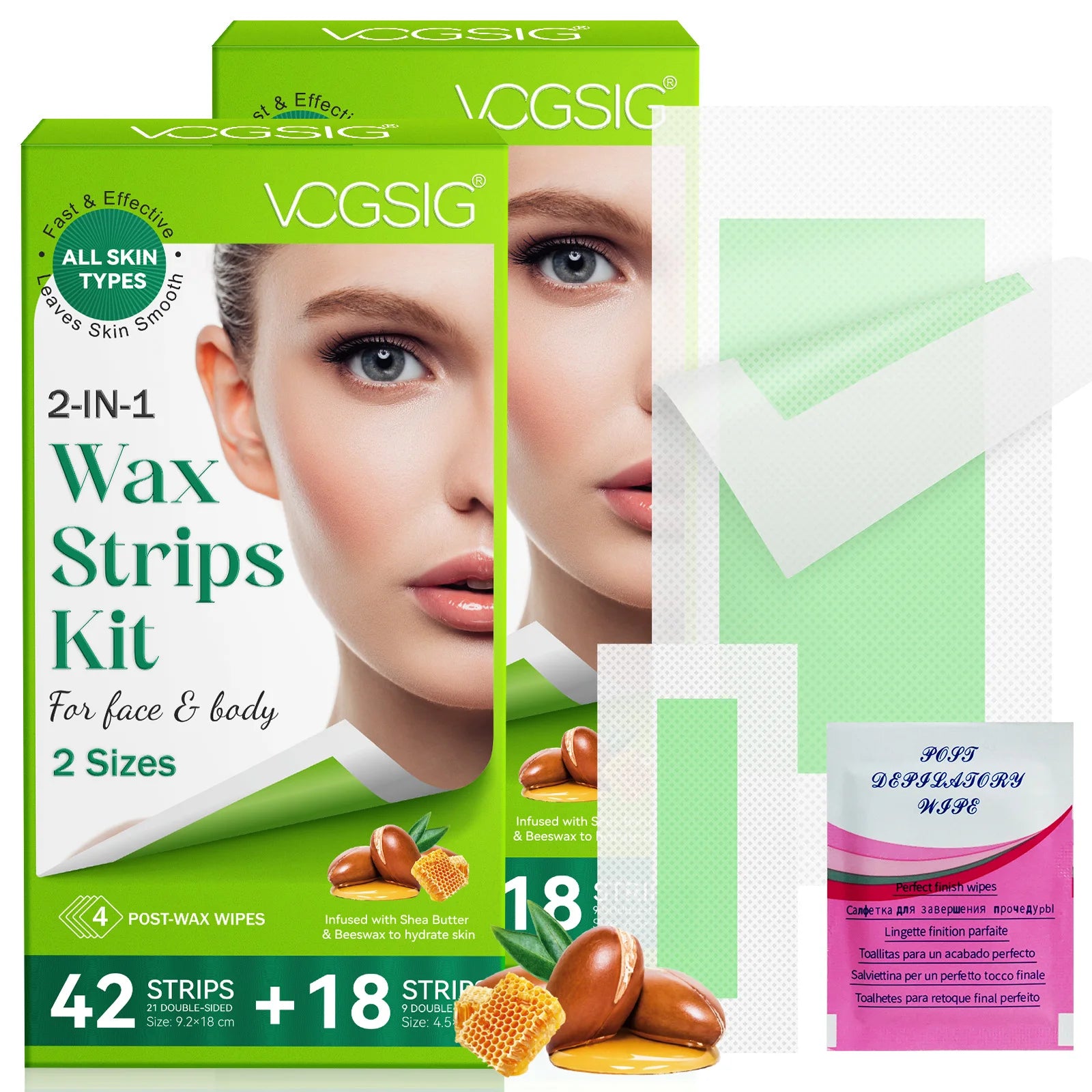 VOGSIG Wholesale 60 Counts Natural Depilatory Patches 2 in 1 Non Wovan Facial Waxing Strips for Face Body Hair Removal