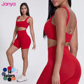 Janya Apparel Women's Lightweight Gym Fitness Set Solid Pattern Activewear Sport Bra Indoor Outdoor Exercise Shorts Breathable