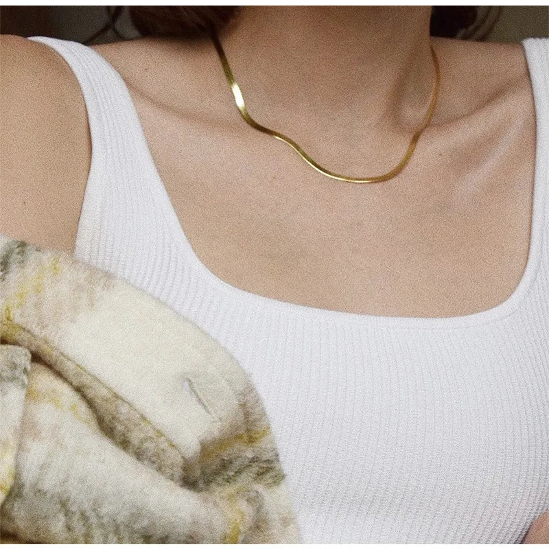 Fenny 18K PVD Plated Waterproof Tarnish Free Minimalist Versatile Basic Herringbone Choker Chain Stainless Steel Necklace