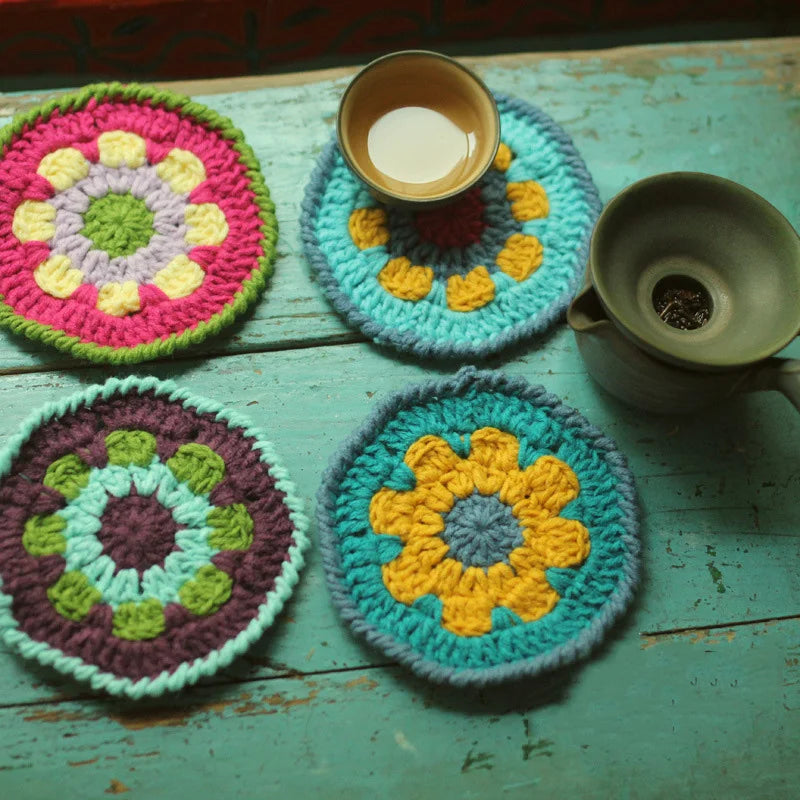 Y-F Nordic Pastoral Style Crochet Fabric Table Mats and Pot Pad Bowl Cup Drink Coasters Set for Dining Room Farmhouse Style