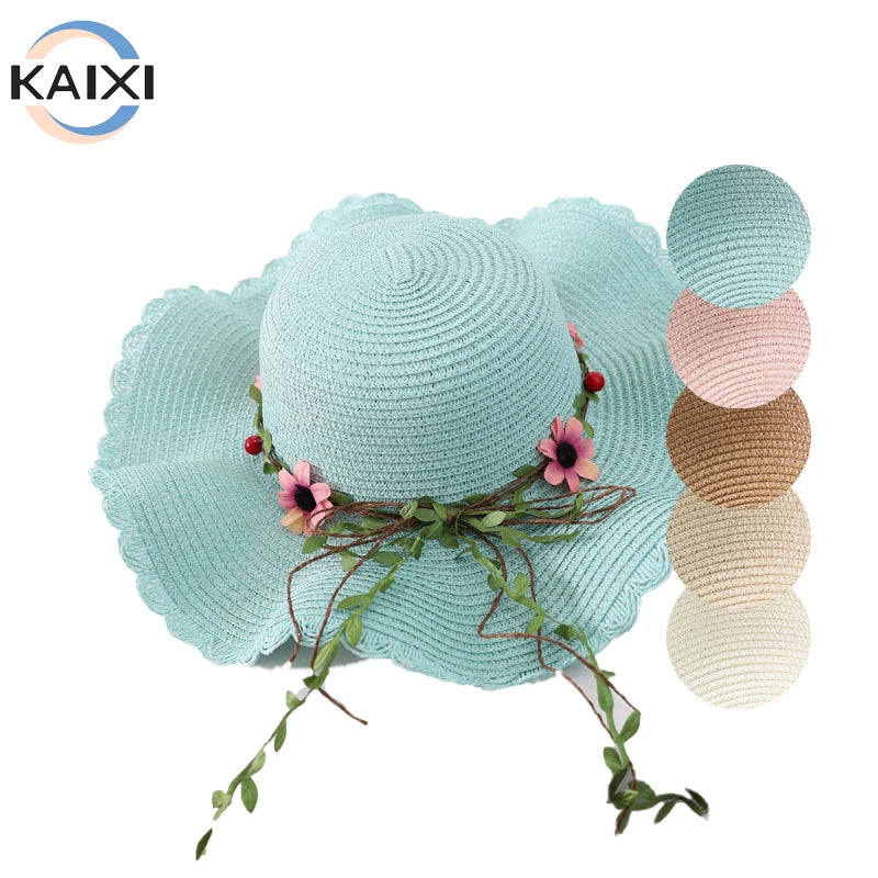 Korean Style Trendy Wide Brim Wreath Sun Protection Sunshade Ladies Summer Travel Beach Sun Hat Parent-child Wave Straw Hat