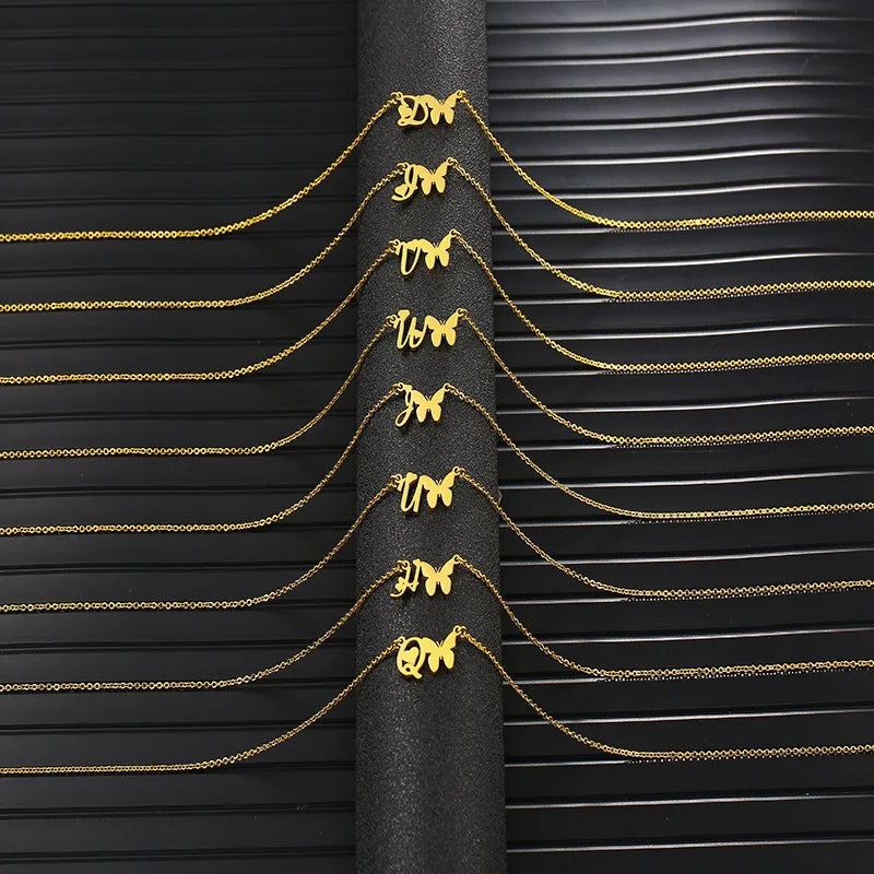 New Fashion Wholesale Letter Necklace Gold Plated Stainless Steel Initial Letter Necklace Elegant Butterfly Necklace for Unisex