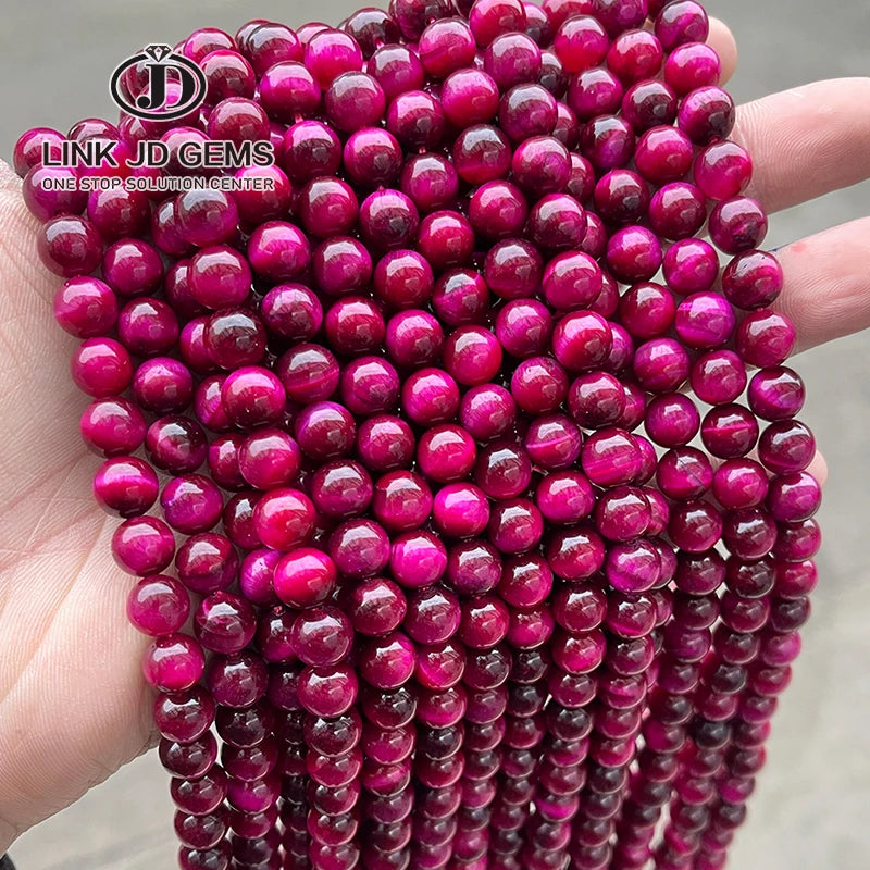 JD 4 6 8 10 12 14mm Natural Round Loose Beads 5A Dyed Color Fuchsia Tiger Eyes Stone Beads for Jewelry Making