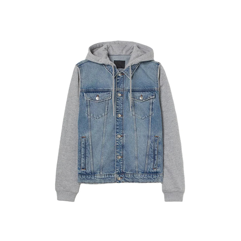 Latest Design Men's Denim Jacket 100% Cotton Long Sleeves Single Button Ribbing Pocket Drawstring Hood Winter OEM Available
