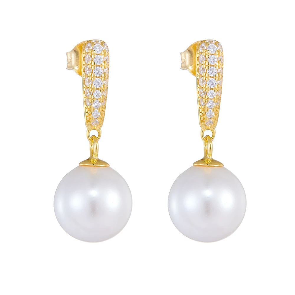 Aretes De Perla Luxury Fashionable Personalized Gold Plated Pave Zirconia 925 Sterling Silver Stud Trendy Pearl Earrings for