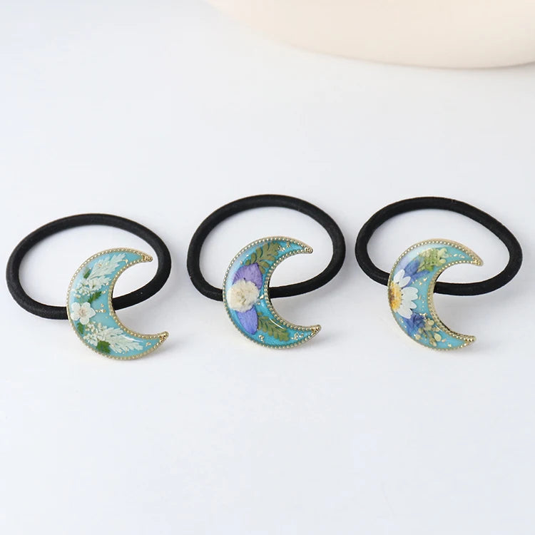 Moon Pendant Charms Hair Ties Dried Flower Hair Band Pressed Flower Scrunchies Personalized Hair Rope Accessories for Women