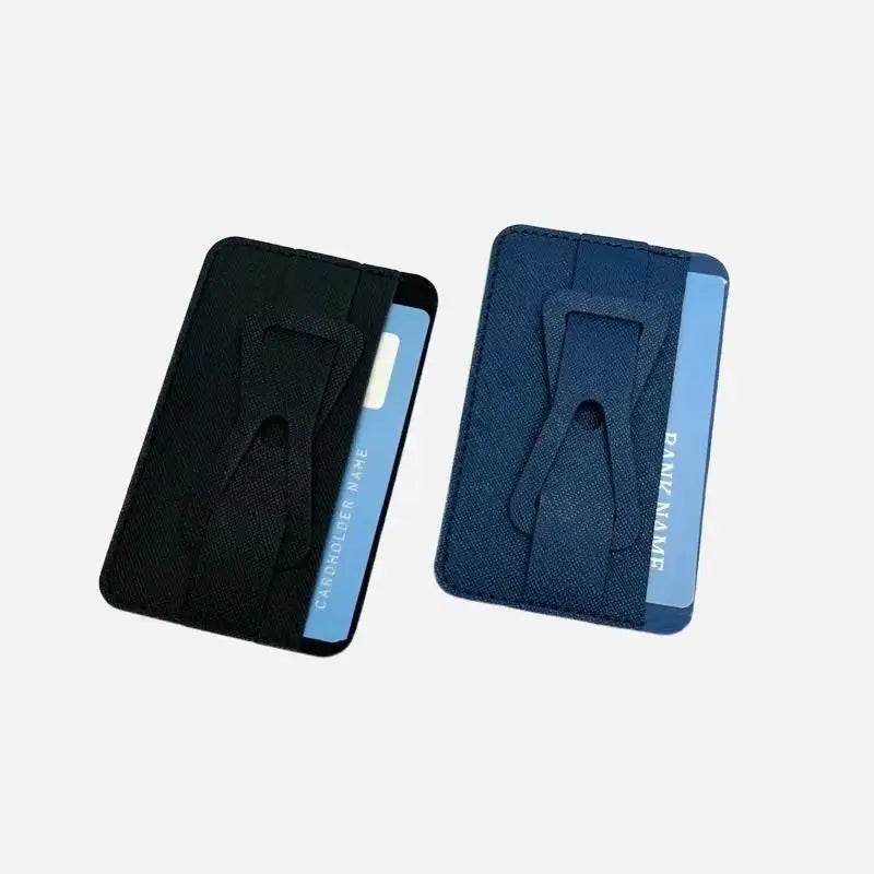 Slim Portable PU Leather Credit Card Case Sleeve with Finger Strap Foldable Phone Stand for Smart Phones