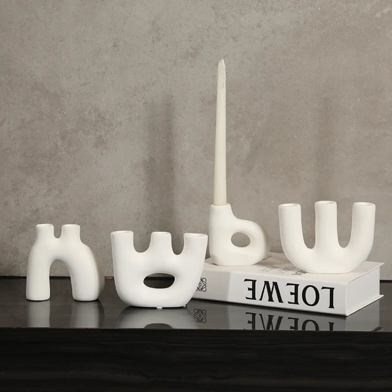 Nordic White Geometric Ceramic Candlestick Living Room Table Candle Holder Home Crafts Accessories