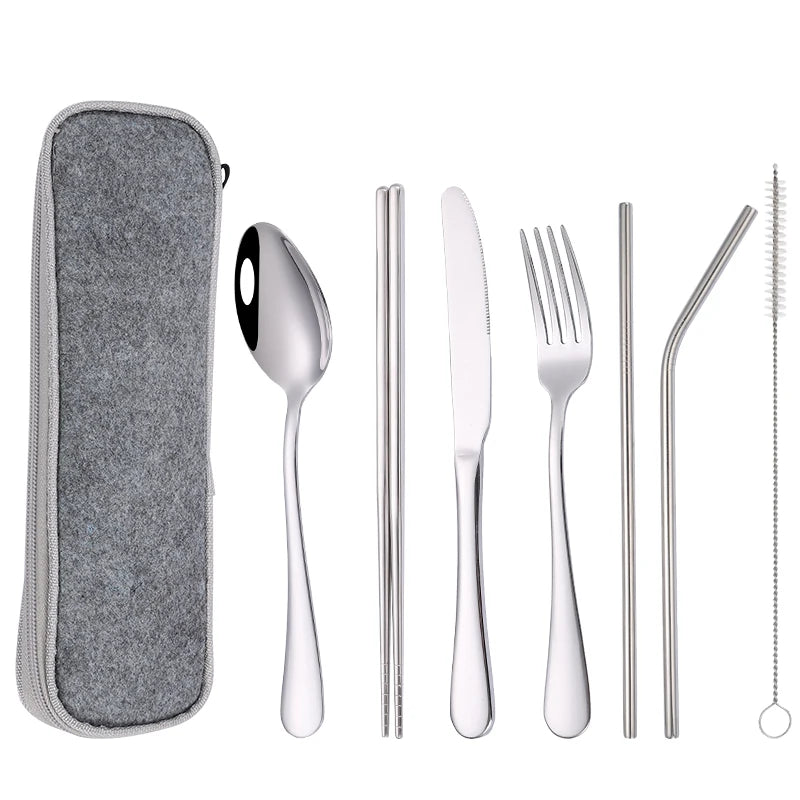 Hot Selling 8 Piece Portable Silverware Travel Flatware Camping Utensils Stainless Steel Cutlery Set WIth Bag